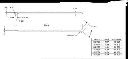 16.60" inch individual rod for use in 3-Point Latch system for 36" inch enclosure
