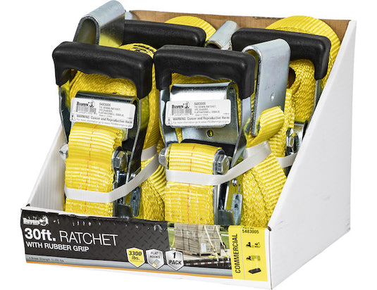 30 Foot Commercial Grade Ratchet Strap with Soft Rubber Grips - Flat Hooks, Full Cut Case (4 Pieces Per Case)