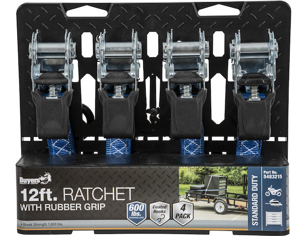 Load image into Gallery viewer, 12 Foot Standard Duty Ratchet Tie Down with Rubber Grip - 4 Pack
