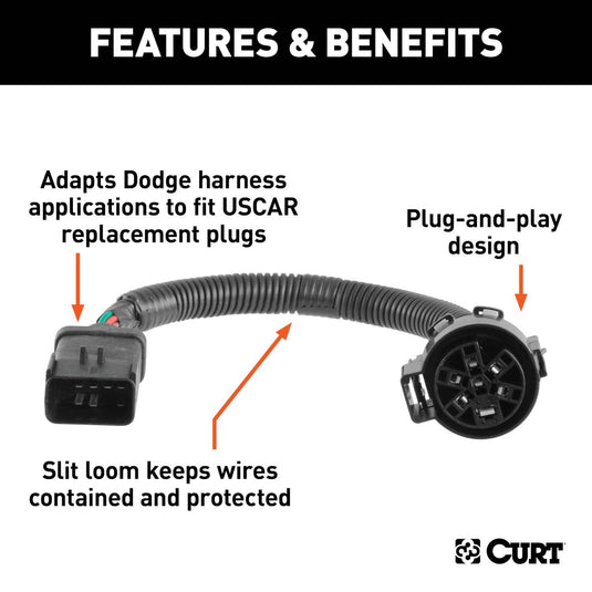 CURT 8-Prong Factory Harness Adapter (Rectangular 8-Prong to USCAR Socket), With Factory Tow Package - Select 2000-2010 Dodge & Jeep, 2003-2009 Freightliner, 2007-2009 Chrysler, 2006-2009 Mitsubishi Models (see fitment table)
