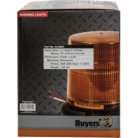 6.5 Inch by 6.5 Inch Amber LED Beacon Light With Tall Lens (Permanent Mount with 12 Inch Blunt Cut Leads)